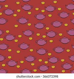 Cute tea set. Vector seamless pattern.