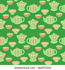 Cute tea set. Vector seamless pattern.