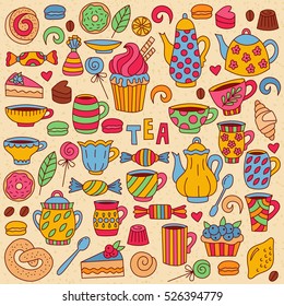 Cute tea sweets dessert colorful doodles cups mugs candy lemon tea pot tea kettle vector set