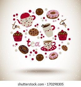 Cute tea and sweets doodle card in vector