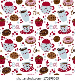 Cute tea and sweets seamless doodle pattern