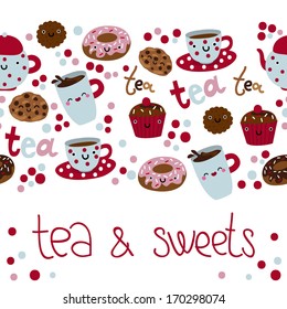 Cute tea and sweets seamless doodle pattern