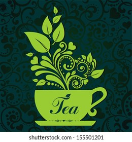 Cute tea time card. Cup with floral design elements. Menu for restaurant, cafe, bar, tea-house. vector illustration 