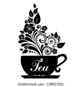 Cute tea time card. Cup with floral design elements. Menu for restaurant, cafe, bar, tea-house. vector illustration 