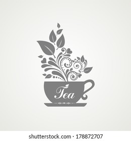 Cute tea time card. Cup with floral design elements. Menu for restaurant, cafe, bar, tea-house. vector illustration 