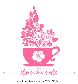 Cute tea time card. Cup with floral design elements. Menu for restaurant, cafe, bar, tea-house. vector illustration 