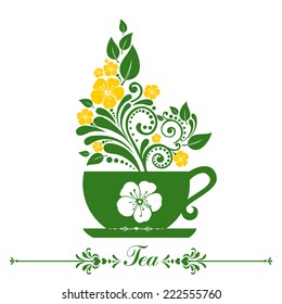 Cute tea time card. Cup with floral design elements. Menu for restaurant, cafe, bar, tea-house. vector illustration 