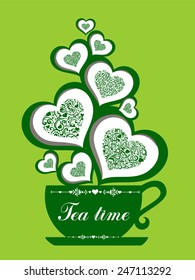 Cute tea time card. Cup with floral design elements. Menu for restaurant, cafe, bar, tea-house. vector illustration 