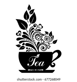 Cute tea time card. Cup with floral design elements. Menu for restaurant, cafe, bar, tea-house. Vector illustration