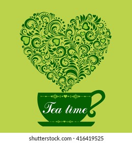 Cute tea time card. Green tea. Cup with floral design elements. Menu for restaurant, cafe, bar, tea-house. vector illustration 