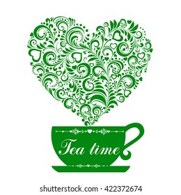 Cute tea time card. Green tea. Cup with floral design elements isolated on white. Menu for restaurant, cafe, bar, tea-house. vector illustration 