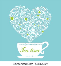 Cute tea time card. Green tea. Cup with floral design elements. Menu for restaurant, cafe, bar, tea-house. vector illustration