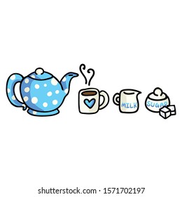 Cute Tea Time Cartoon Vector Illustration. Hand Drawn Hot Drink Element Clip Art for Kitchen Concept. Breakfast Graphic, Drink and Crockery Web Buttons. Sugar Bowl, Mug Doodle Motif. 