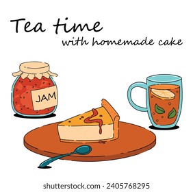 Cute tea time with cheesecake. Teapot, hot cup of tea or coffee, berries jam. Cozy fall or winter home