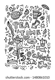 cute tea time doodles on white background. hand lettering quotes, tea cups and mugs, kettles, donuts, stars, etc. Good for posters, banners, backgrounds, prints, etc. EPS 10