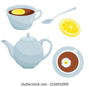 Cute tea time elements set. Tea collection with teapot and cup. Vector cartoon illustrations isolated on white