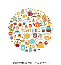 Cute tea time hot drink dessert icons vector set