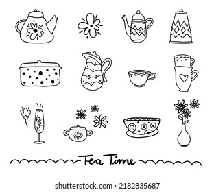 Cute Tea Time Icon Bundle. Set Of British Drink Elements. Doodle, Hand Drawing Tea Lover. Spring Time, Afternoon Tea Illustration. Cafe Menu. Tea And Dessert Line Icon And Symbols. Jar, Pot, And Cup.