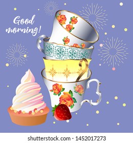 A cute tea time pattern illustration. Vintage design style. Vector illustration.