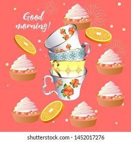 A cute tea time pattern illustration. Vintage design style. Vector illustration.