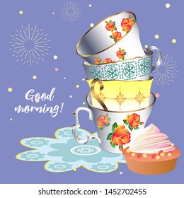 A cute tea time pattern illustration. Vintage design style. Vector illustration.