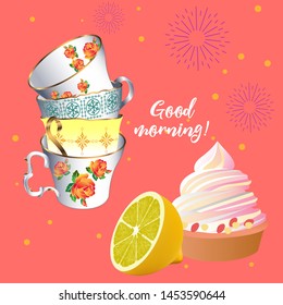 A cute tea time pattern illustration. Vintage design style. Vector illustration.