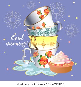 A cute tea time pattern illustration. Vintage design style. Vector illustration.