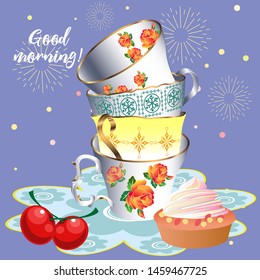 A cute tea time pattern illustration. Vintage design style. Vector illustration.