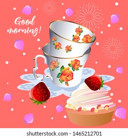 A cute tea time pattern illustration. Vintage design style. Vector illustration.