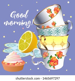 A cute tea time pattern illustration. Vintage design style. Vector illustration.