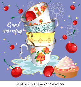 A cute tea time pattern illustration. Vintage design style. Vector illustration.