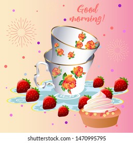 A cute tea time pattern illustration. Vintage design style. Vector illustration.