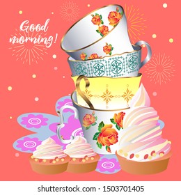 A cute tea time pattern illustration. Vintage design style. Vector illustration.