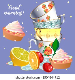 A cute tea time pattern illustration. Vintage design style. Vector illustration.