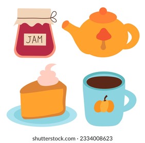 Cute tea time with pumpkin pie. Teapot, hot cup of tea or coffee, berries jam. Cozy autumn home. Cartoon flat vector illustration.