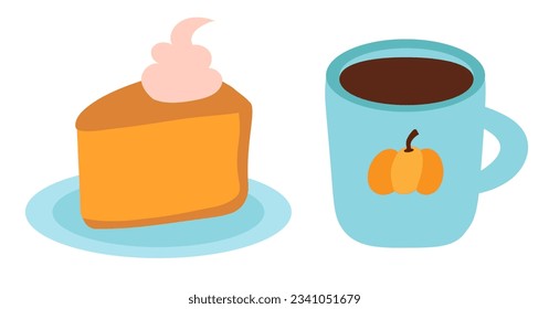 Cute tea time with pumpkin pie. Hot cup of tea or coffee. Cozy autumn home. Flat vector illustration.