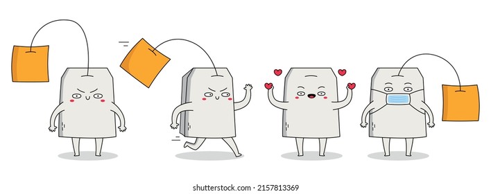 Cute teabag cartoon character set 1 of waving hand, running, spreading love and wearing a mask