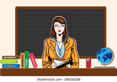 Cute teacher behind the chair