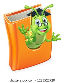 A cute teacher bookworm caterpillar worm cartoon character education mascot wearing graduation hat and glasses coming out of a book