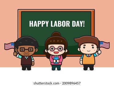 Cute teacher celebrate labor day cartoon illustration. Design isolated flat cartoon style