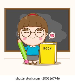 Cute teacher in classroom holding book and pencil standing in front of the chalkboard cartoon illustration