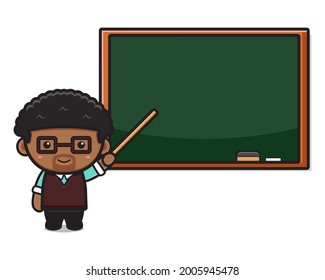 Profesor educado en clase señalando la ilustración de caricaturas de pizarra. Diseño aislado en blanco. Estilo de caricatura plano.