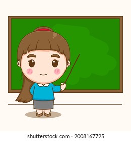 Profesora educada en clase señalando ilustración de caricatura de pizarra