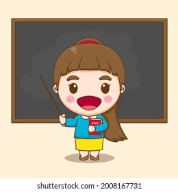 Cute teacher in classroom pointing to chalkboard cartoon illustration