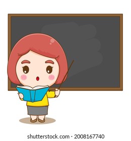 Cute teacher in classroom pointing to chalkboard cartoon illustration
