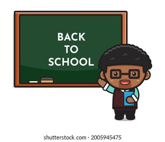 Profesor educado en clase apuntando con ilustración de caricaturas de libros. Diseño aislado en blanco. Estilo de caricatura plano.