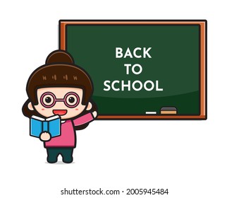 Cute-Lehrer im Klassenzimmer mit Lesekartoon-Illustration. Design einzeln auf Weiß. Flacher Cartoon-Stil.