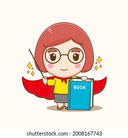 Cute teacher holding big book with cloak as superhero cartoon illustration