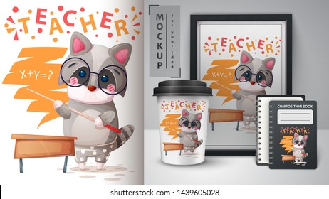 Cute teacher raccon - mockup for your idea. Vector eps 10