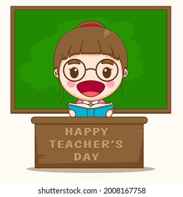 Cute teacher sitting in classroom in front of chalkboard cartoon illustration